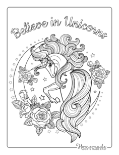 Believe In Unicorns Moon Stars Flowers Flowing Mane Unicorn Kids Coloring Pages Pdf, Free Vectors File